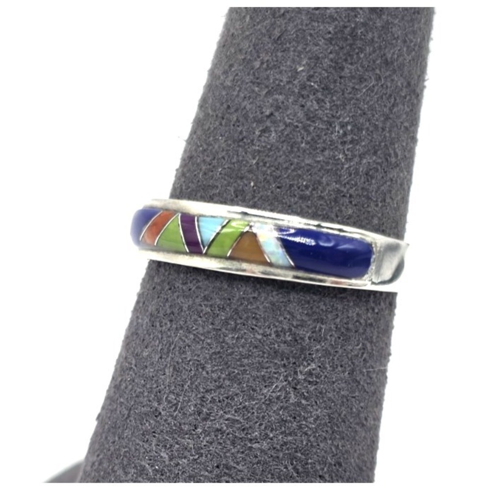 Multi-gemstone Inlay Ring Size 8 Signed 'Sterling SM' Unisex Sterling Silver 925